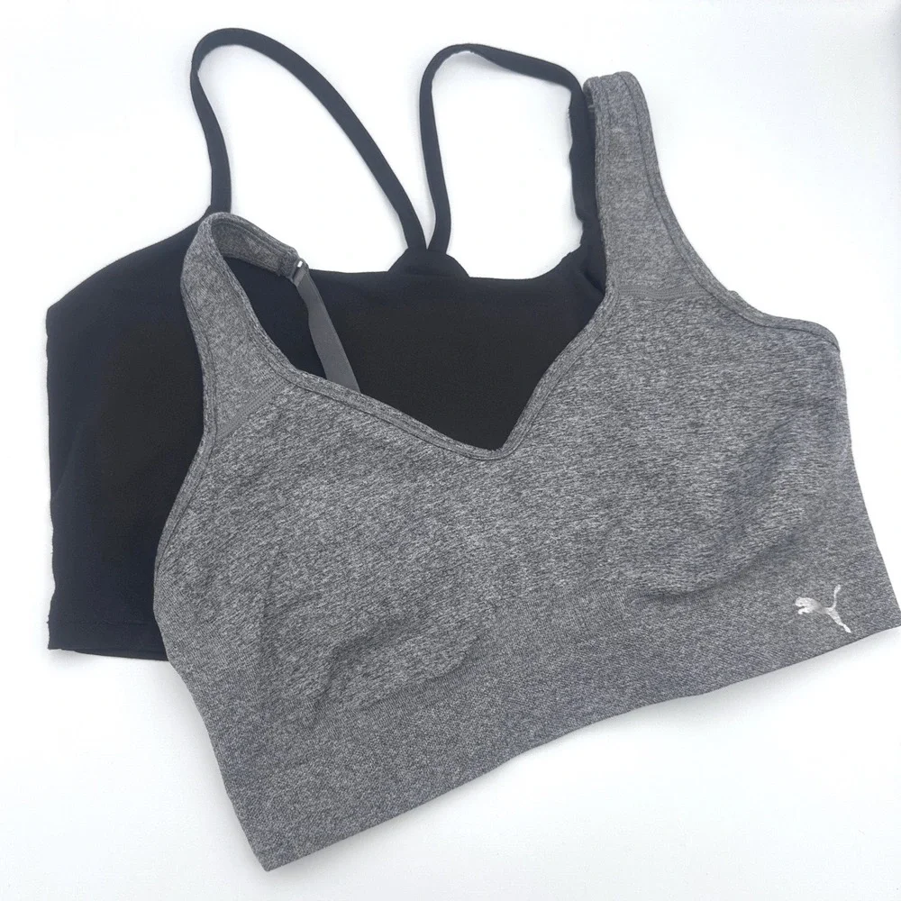 Puma Womens Sports Bra Gray Heather‎ Seamless Black Racerback XL 2 Pack Lot